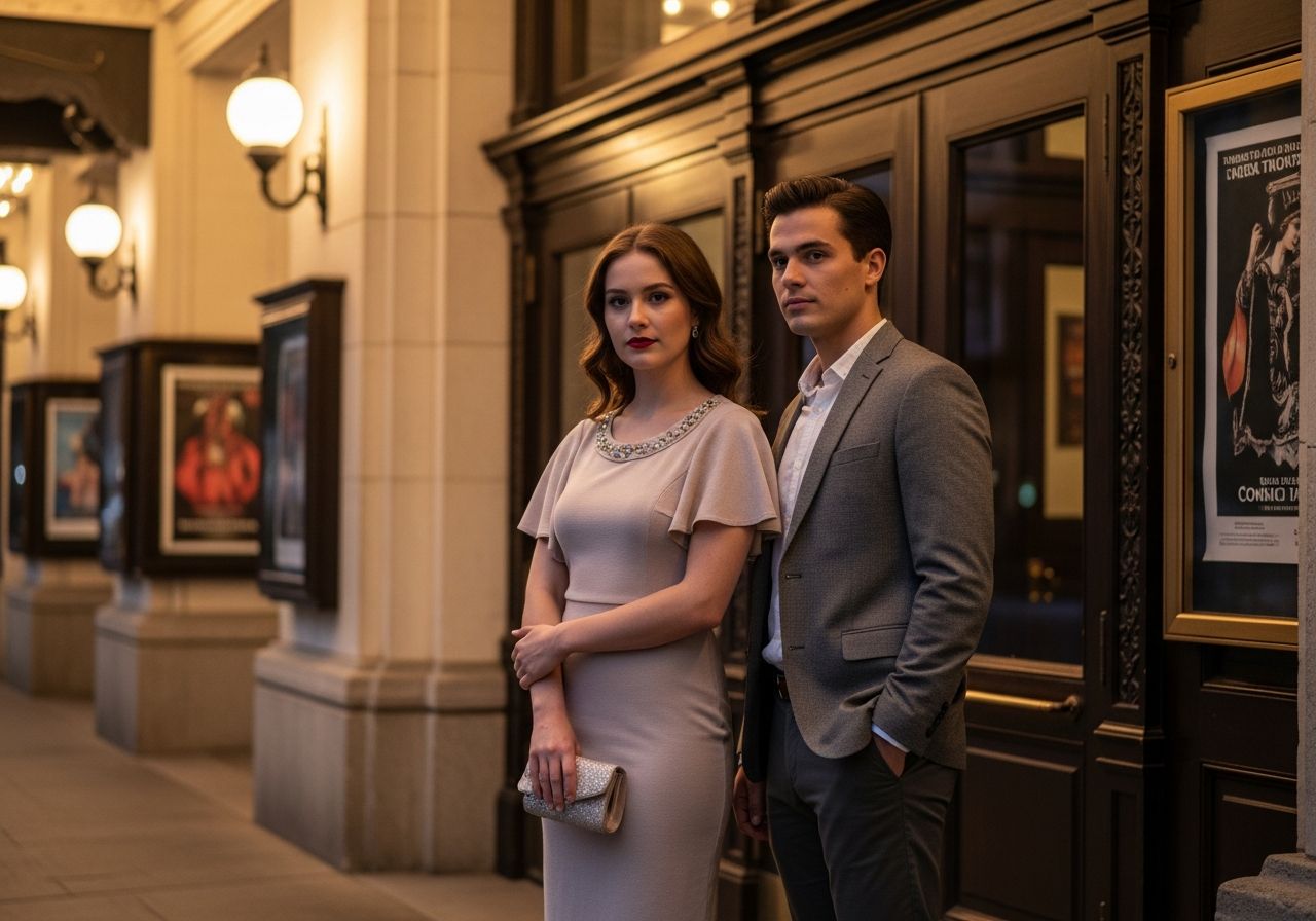 Mladý pár v polozvodnom oblečení pred historickým divadlom večer pod teplým osvetlením