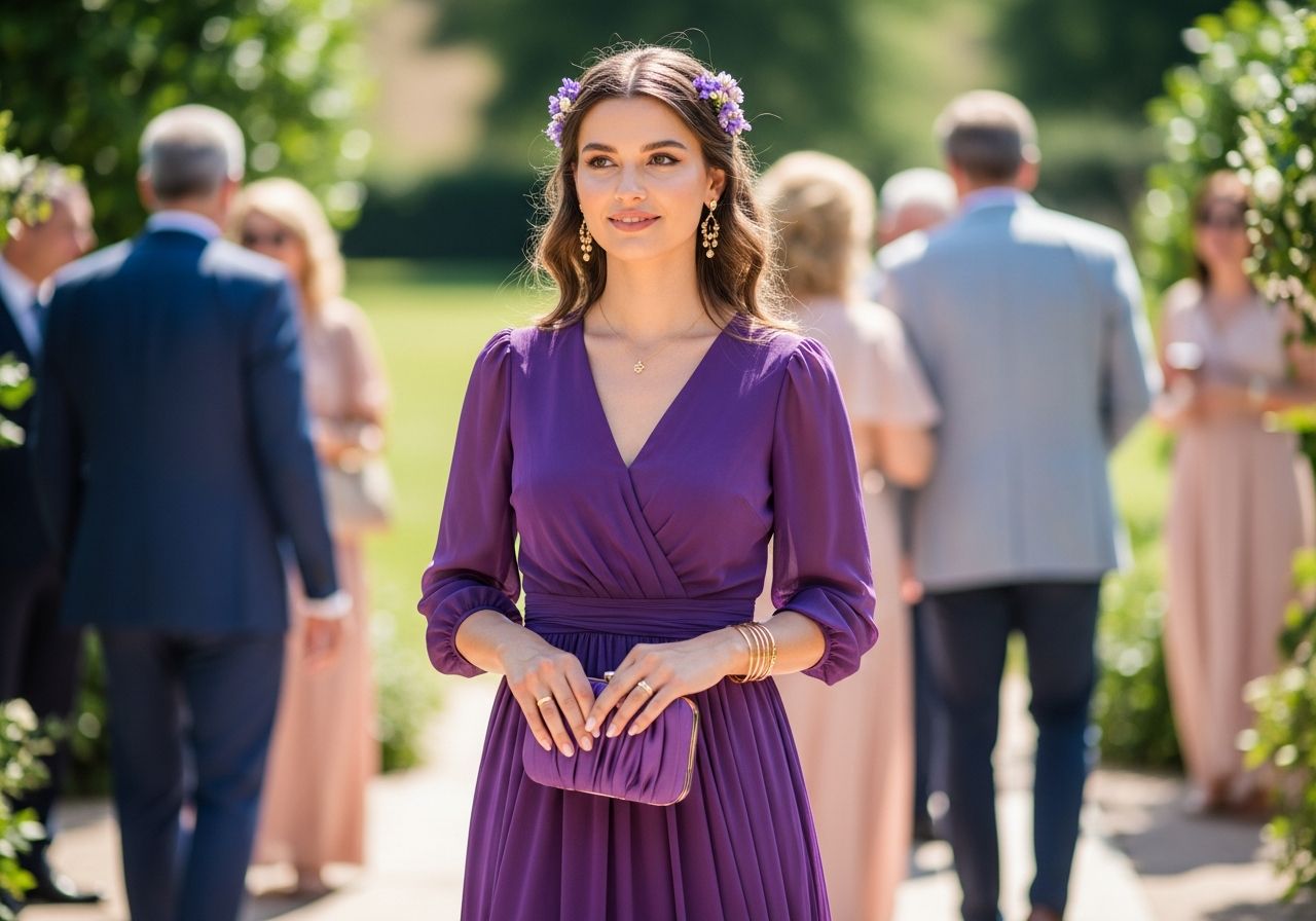 žena v fialových šatách s kvetinovým doplnkom na elegantnej vonkajšej svadbe
