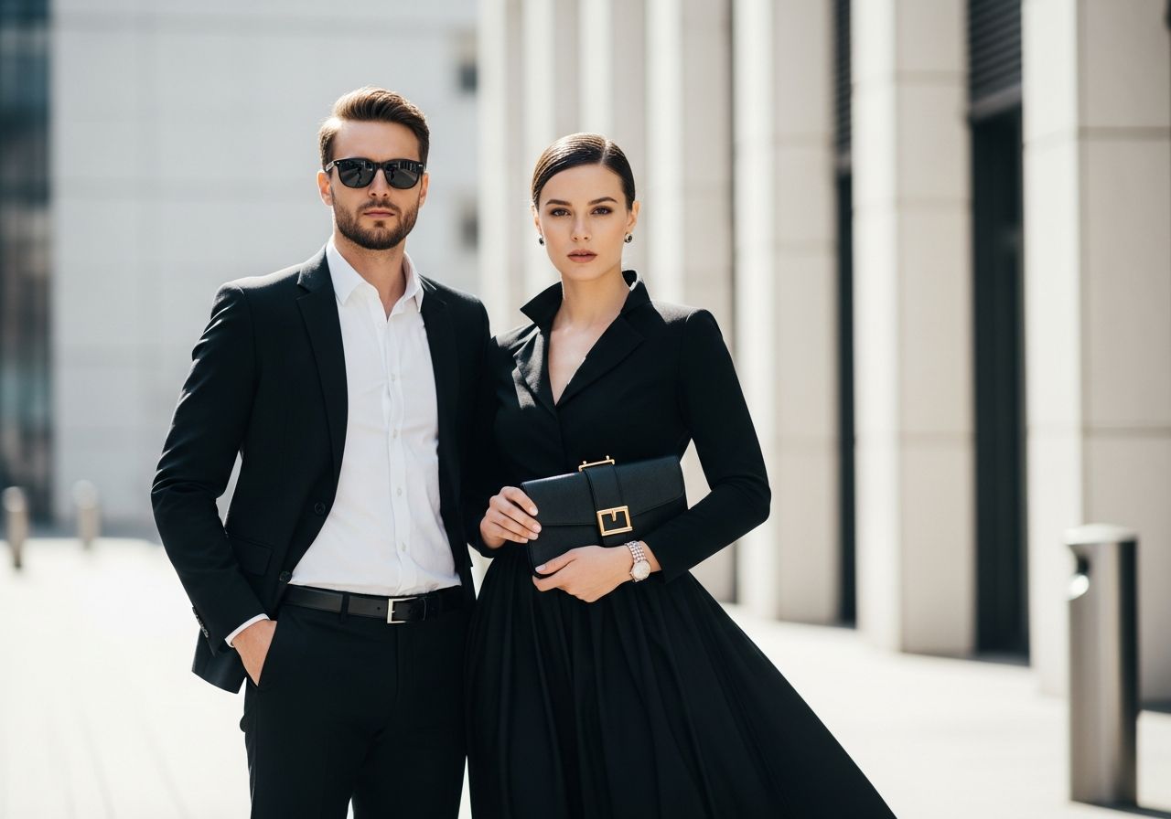 Muž a žena v čiernobielom oblečení stojaci na mestskom pozadí za denného svetla