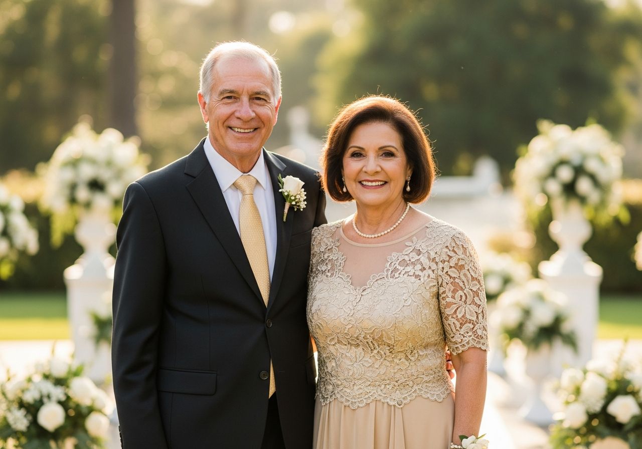 Zrelý pár oslavuje 50. výročie svadby v záhrade, elegantne oblečení, usmievajúci sa spolu.