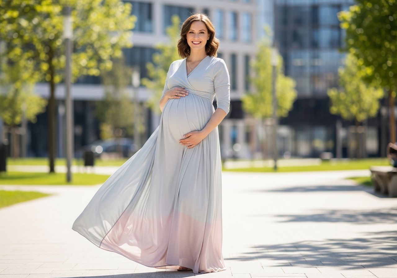 Tehotná žena v elegantných tehotenských šatách stojaca vonku s úsmevom v mestskej prírode.
