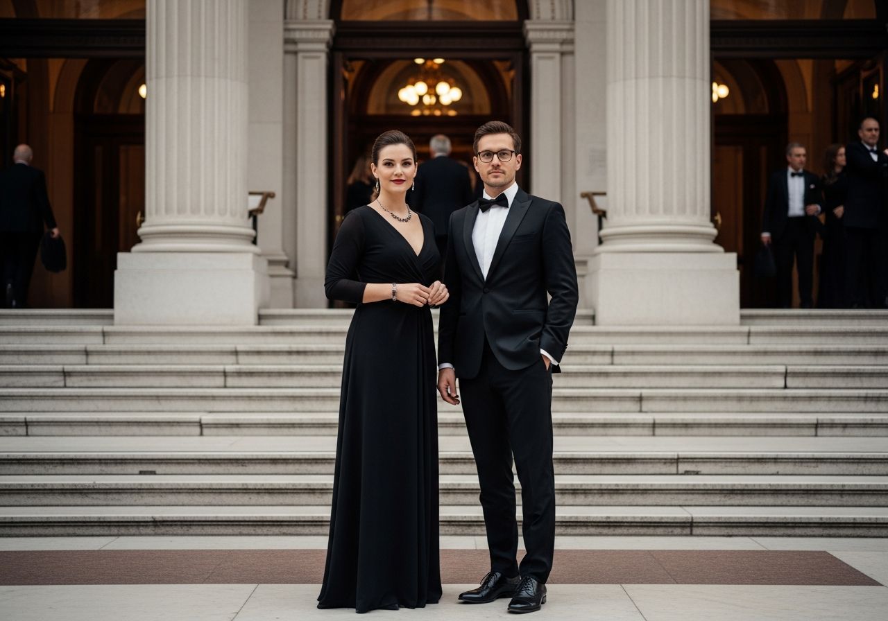 Módne páry pred koncertnou halou v elegancii, pripravení na filharmonický koncert.
