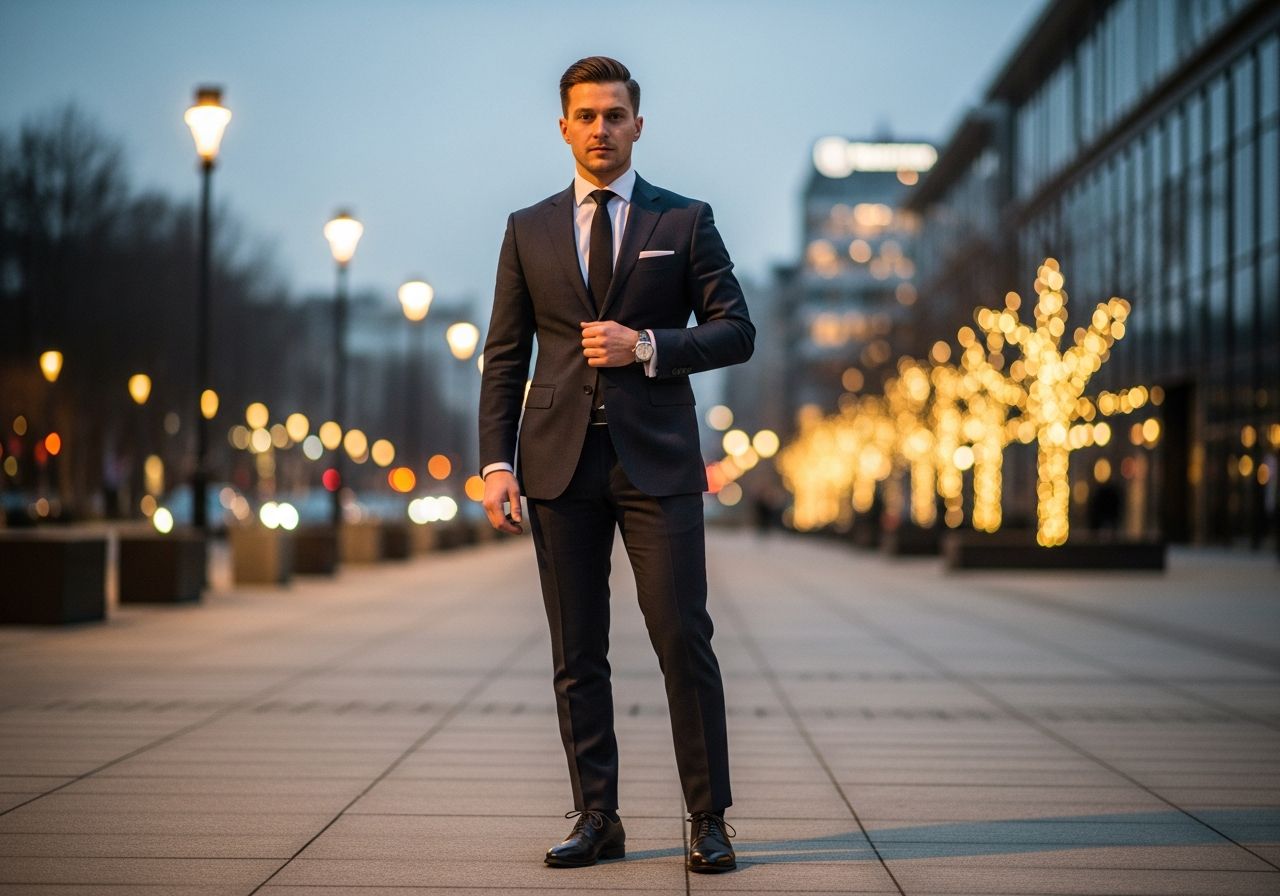 Muž v obleku na silvestrovskú párty v mestskom prostredí pri súmraku.
