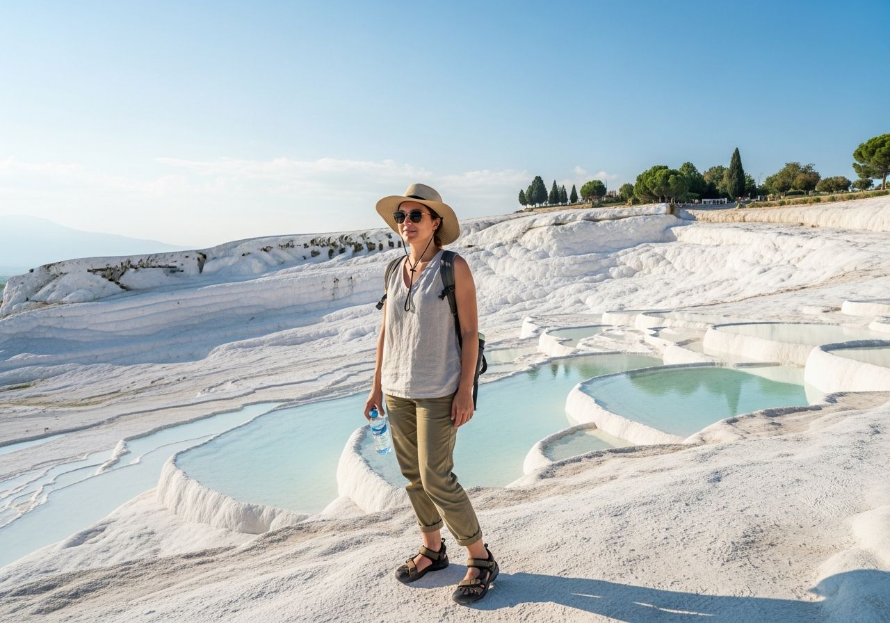 Mladá žena v turistickom oblečení stojí na bielych travertínových terasách Pamukkale s vodou.