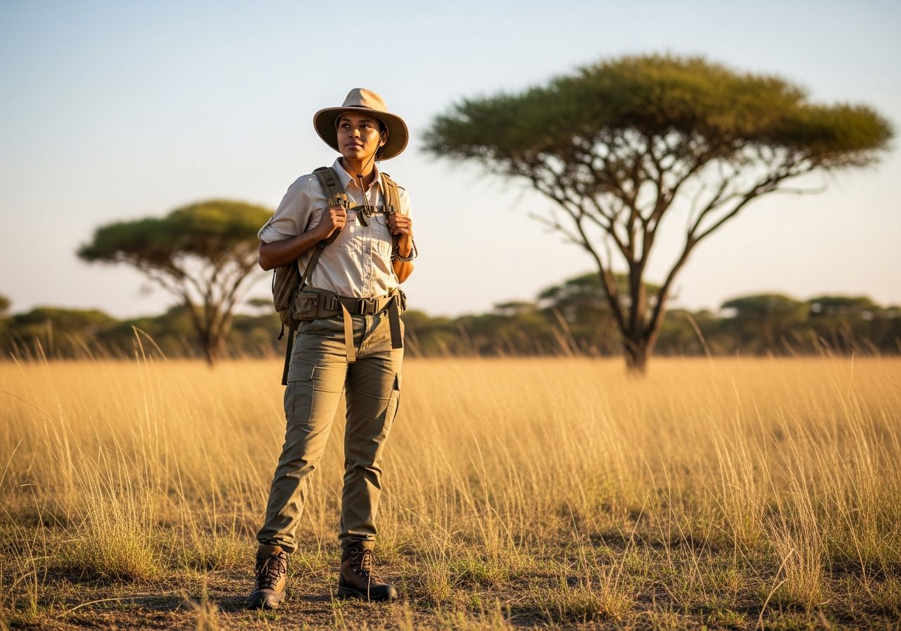 Osoba v safari odeve stojaca na slnečnej savane s vysokou trávou a akáciami v pozadí.