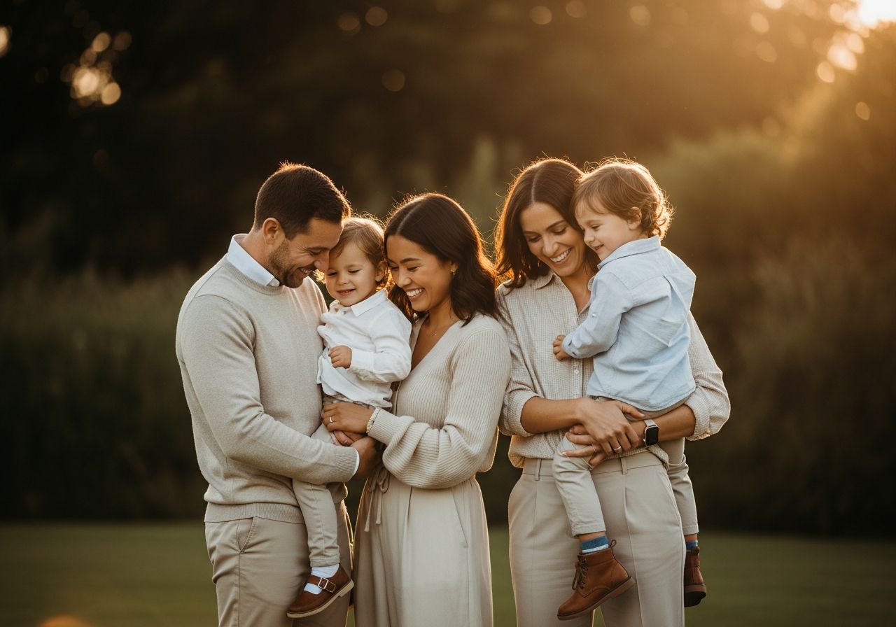 Rodinný portrét vonku počas zlatej hodiny so štyrmi členmi v neutrálnej farbe oblečenia, príroda v pozadí.