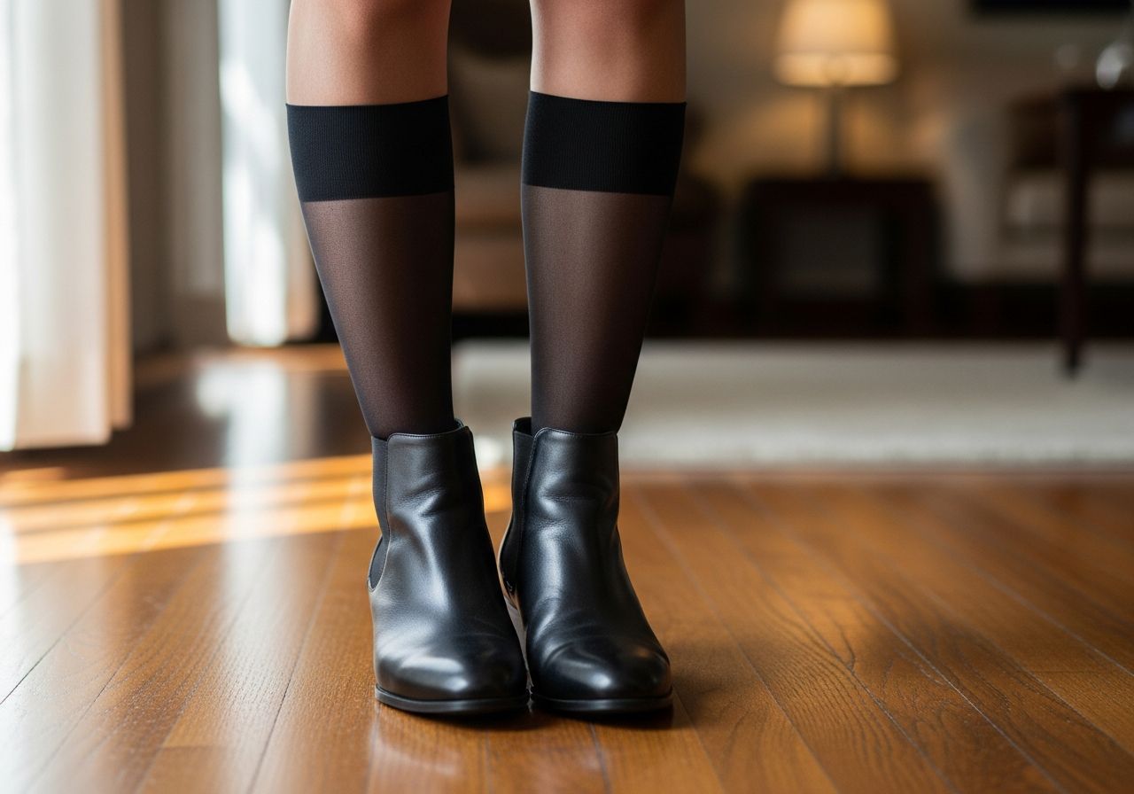 Ženské dolné nohy v čiernych priehľadných podkolienkach a kožených členkových topánkach na drevenej podlahe.