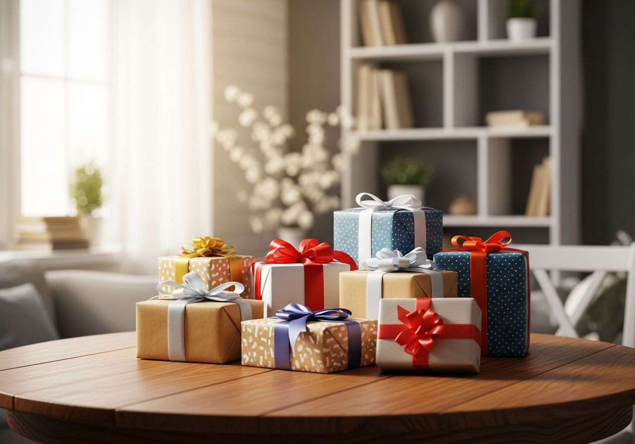Obývačka s dreveným stolom plným zabalených narodeninových darčekov za prirodzeného svetla.