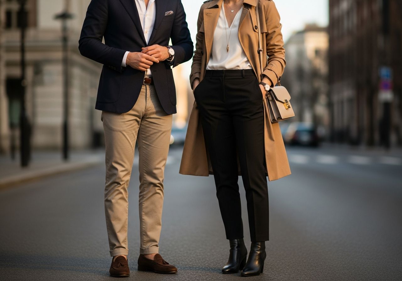 Muž a žena v klasickom oblečení na mestskiej ulici pri zlatom svetle, plynulá mestská architektúra pozadia