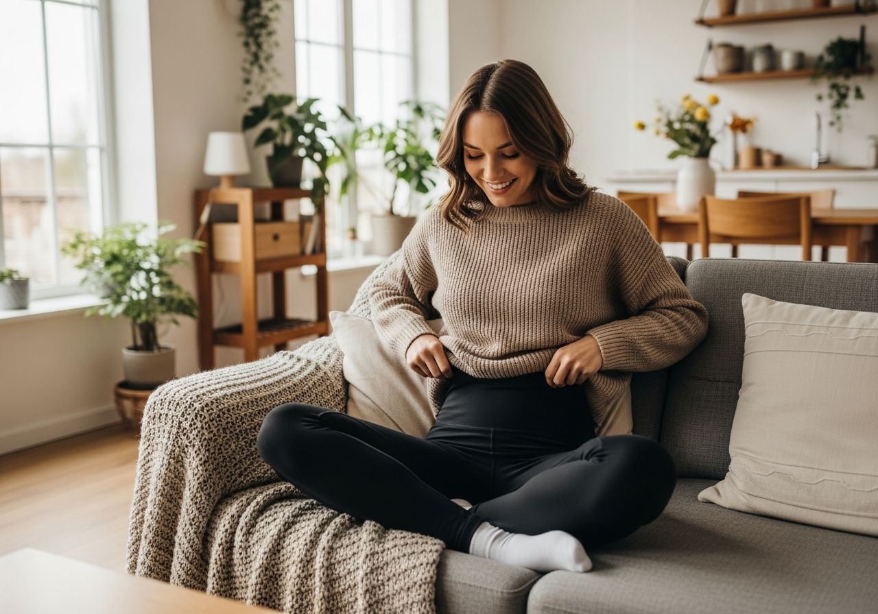Mladá žena sedí na pohovke, upravuje čierne legíny v svetlej obývačke s rastlinami a dreveným nábytkom.