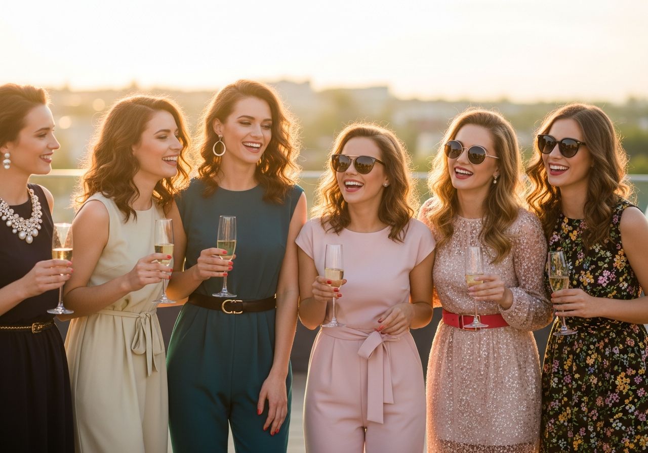Skupina žien na rozlúčke so slobodou vonku, držia poháre šampanského pri západe slnka.