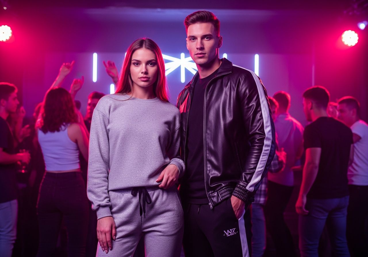 Mladý pár v klube s neónovými svetlami, tancujúcim davom a moderným oblečením.