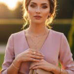 Žena v ružových šatách s jemnými šperkami drží béžovú kabelku počas zlatej hodiny v záhrade