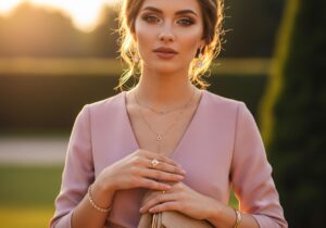 Žena v ružových šatách s jemnými šperkami drží béžovú kabelku počas zlatej hodiny v záhrade