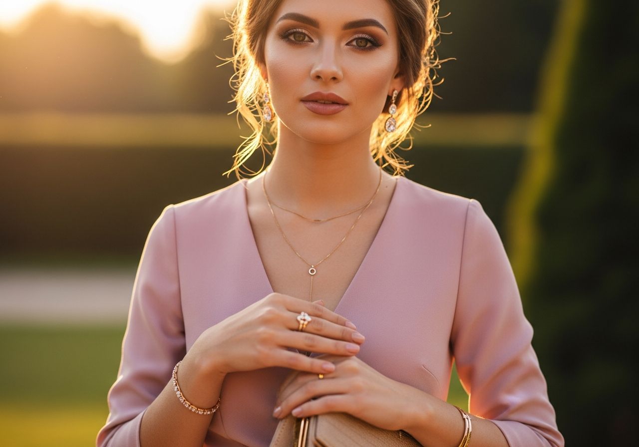 Žena v ružových šatách s jemnými šperkami drží béžovú kabelku počas zlatej hodiny v záhrade