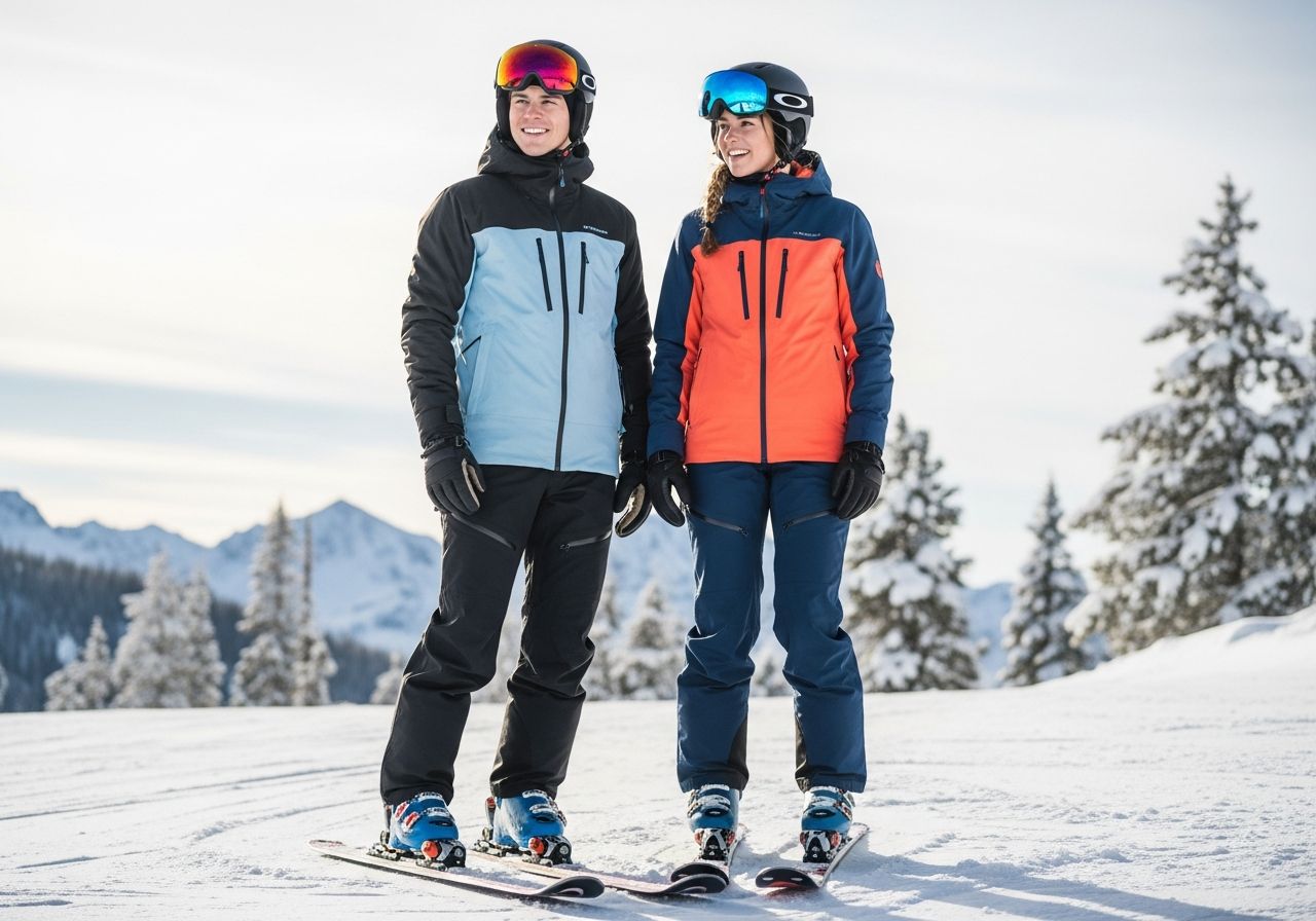 Mladý muž a žena v lyžiarskom oblečení stojaci na zasneženej hore so zjazdovkami a stromami.