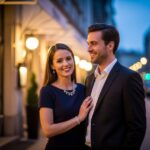 Elegantný pár v mestskom prostredí podvečer, oblečený na štýlovú spoločenskú udalosť, usmievajúci sa spolu.