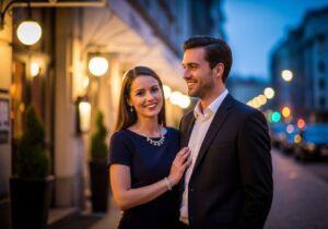 Elegantný pár v mestskom prostredí podvečer, oblečený na štýlovú spoločenskú udalosť, usmievajúci sa spolu.