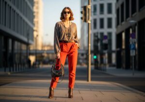 Mladá žena v oranžových nohaviciach a neutrálnom topu stojí na mestkej ulici počas zlatej hodiny.