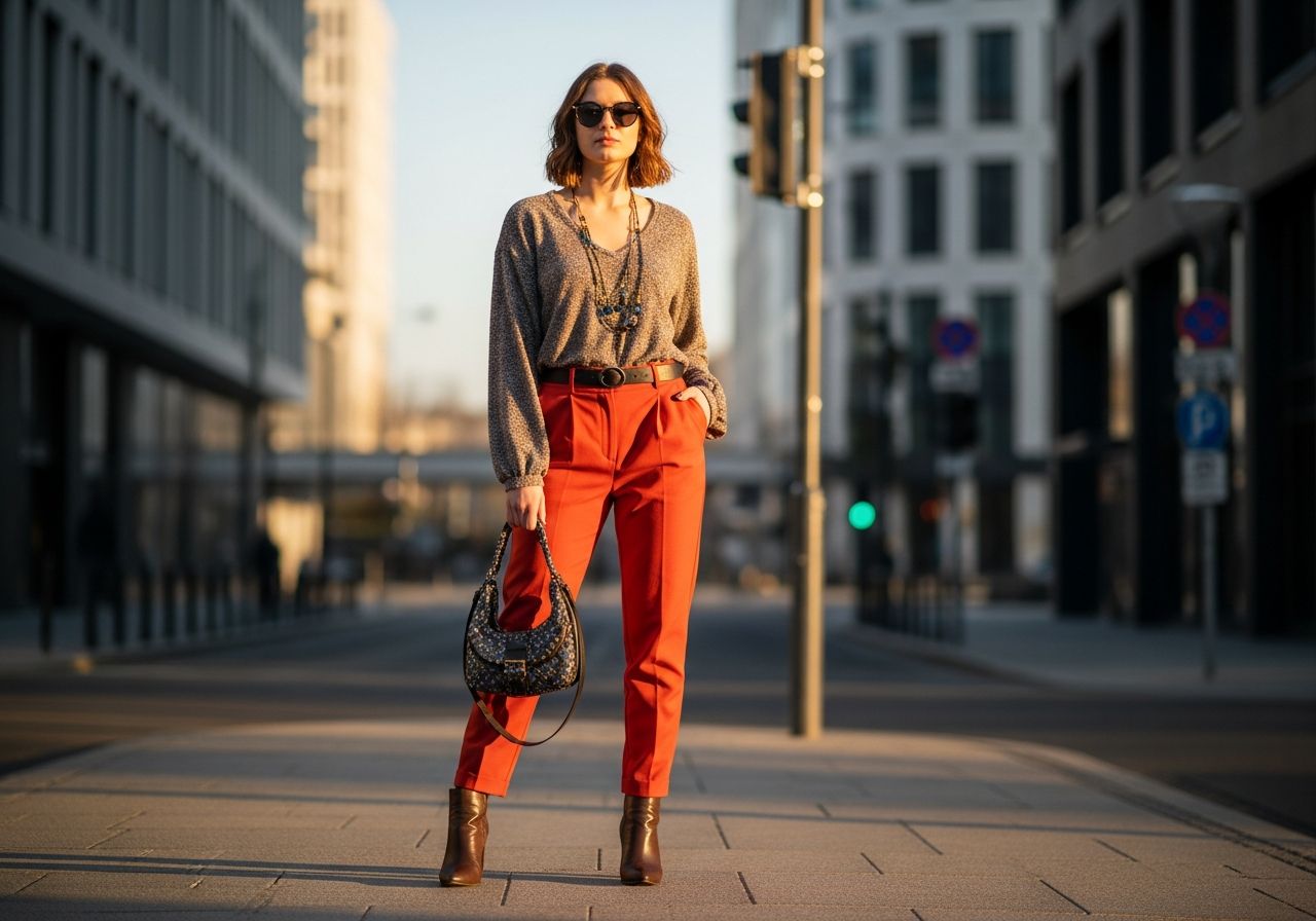 Mladá žena v oranžových nohaviciach a neutrálnom topu stojí na mestkej ulici počas zlatej hodiny.