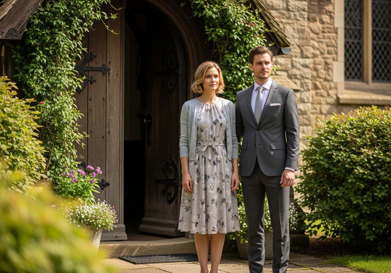 Muž a žena v konzervatívnom oblečení stoja pred drevenými dverami tradičného kostola za denného svetla