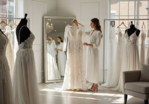 Nevesta drží čipkované svadobné šaty pred zrkadlom v svetlom svadobnom salóne.