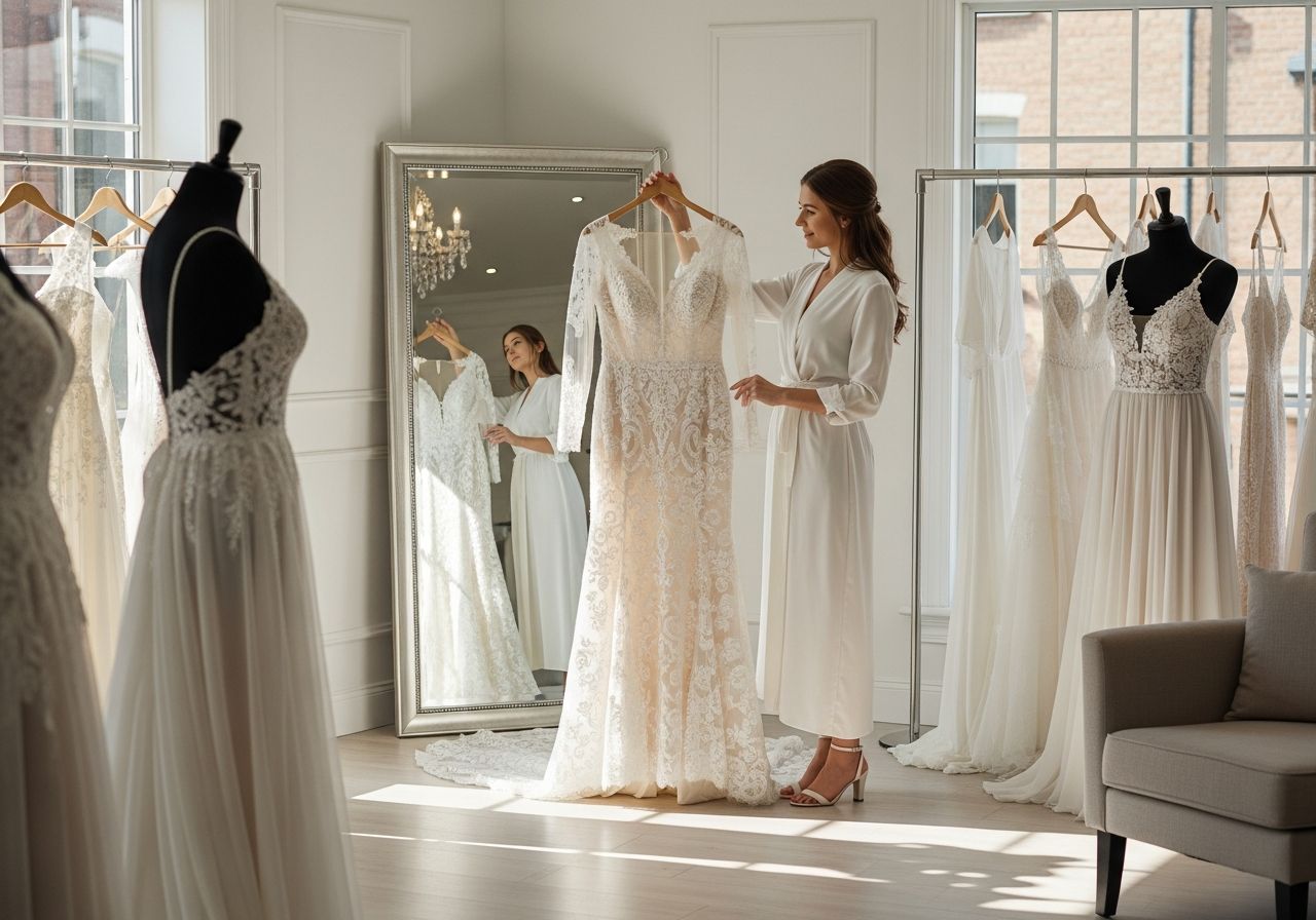 Nevesta drží čipkované svadobné šaty pred zrkadlom v svetlom svadobnom salóne.