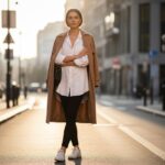 Mladá žena v mestskom prostredí oblečená v čiernych legínach, bielej košeli a béžovom plášti.