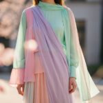 Štýlová žena v pastelovom jarnom outfite stojí vonku v mestskom prostredí so slnečným svetlom.