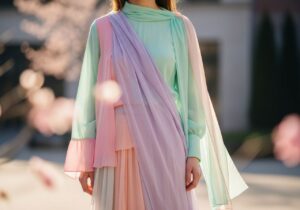 Štýlová žena v pastelovom jarnom outfite stojí vonku v mestskom prostredí so slnečným svetlom.