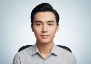 Portrét mladého dospelého v neutrálnom oblečení na svetlom pozadí vhodný na preukaz identity.