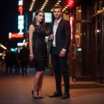 Mladý pár v elegantnom oblečení stojí pred nočným klubom za jasných mestských svetiel.