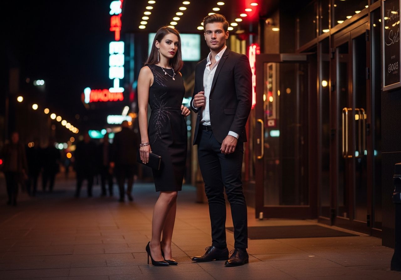 Mladý pár v elegantnom oblečení stojí pred nočným klubom za jasných mestských svetiel.