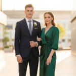 Mladý pár v elegantnom oblečení na promócie v mestskom prostredí za zlatou hodinu.