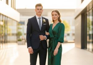 Mladý pár v elegantnom oblečení na promócie v mestskom prostredí za zlatou hodinu.