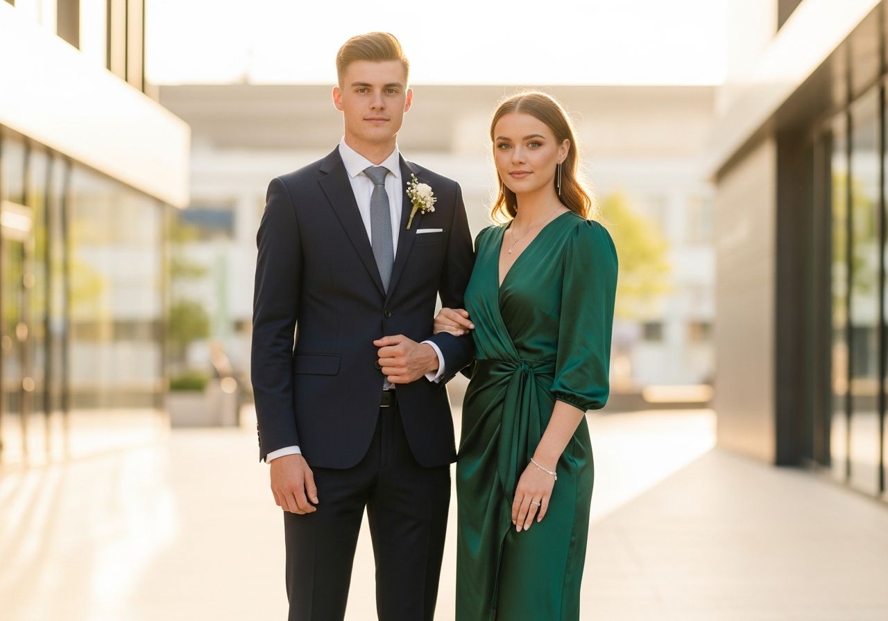 Mladý pár v elegantnom oblečení na promócie v mestskom prostredí za zlatou hodinu.