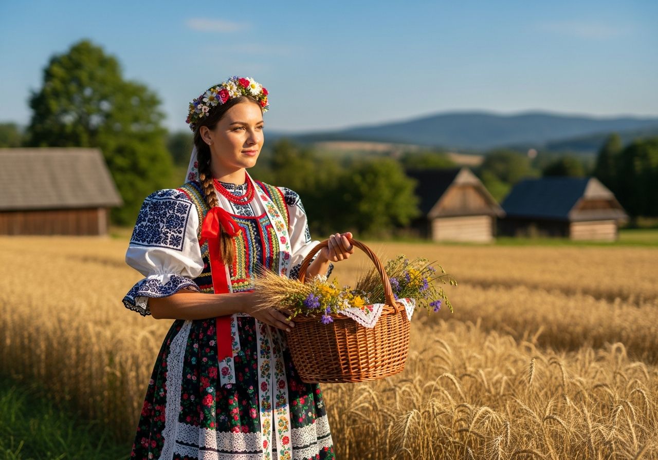 Mladá žena v tradičnom slovenskom kroji s košom obilia a kvetov na poli počas žatvy.