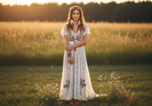 Mladá žena v bohémskom svadobnom šate stojí naboso na lúke počas zlatej hodiny.