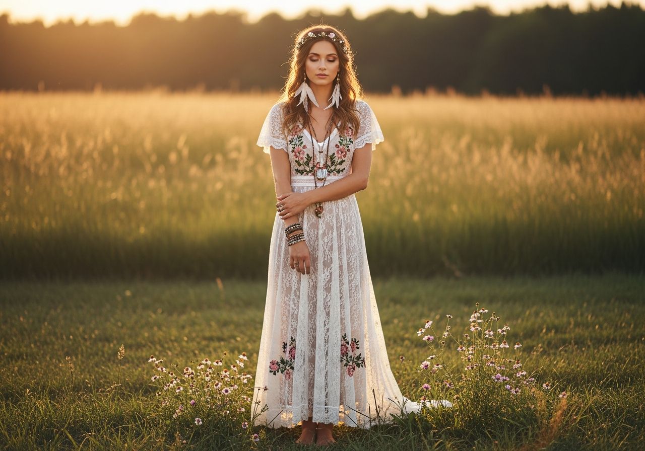 Mladá žena v bohémskom svadobnom šate stojí naboso na lúke počas zlatej hodiny.