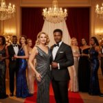 Elegantná pár na hollywoodskej párty, hostia v večerných odevoch v luxusnom prostredí s teplým osvetlením