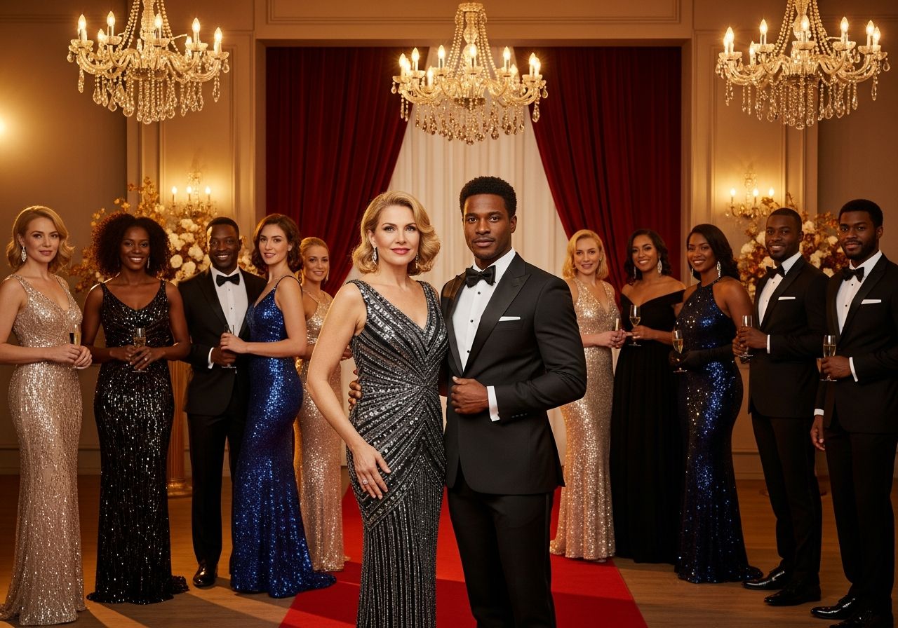 Elegantná pár na hollywoodskej párty, hostia v večerných odevoch v luxusnom prostredí s teplým osvetlením