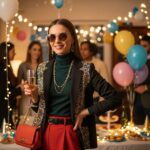 Mladá žena na rozlúčkovej oslave s pohárom šumivého nápoja v teplom osvetlení a dekoráciách