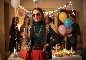 Mladá žena na rozlúčkovej oslave s pohárom šumivého nápoja v teplom osvetlení a dekoráciách
