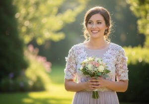 Nevesta stojaca v záhrade s kyticou kvetov, oblečená v pastelových šatách s čipkou.