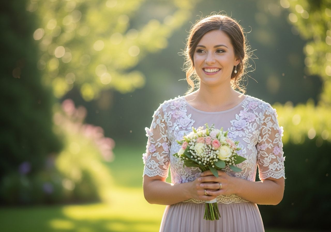 Nevesta stojaca v záhrade s kyticou kvetov, oblečená v pastelových šatách s čipkou.