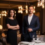 Muž v tmavomodrom obleku a žena v čiernych šatách pri nastavenej večeri v elegantnej reštaurácii