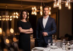 Muž v tmavomodrom obleku a žena v čiernych šatách pri nastavenej večeri v elegantnej reštaurácii