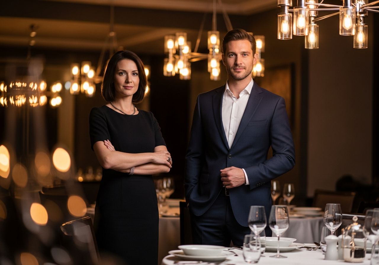 Muž v tmavomodrom obleku a žena v čiernych šatách pri nastavenej večeri v elegantnej reštaurácii