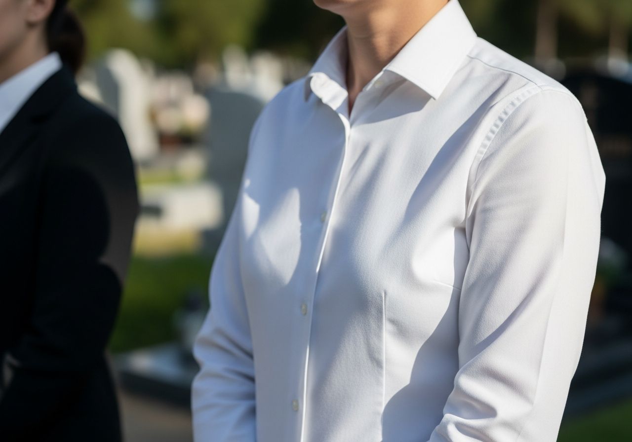 Detail osoby v bielej košeli na pohrebe s rozmazaným cintorínom v pozadí