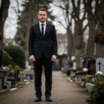 Stredoveký muž v čiernom obleku stojaci pri hrobke na európskom cintoríne za zamračenej oblohy